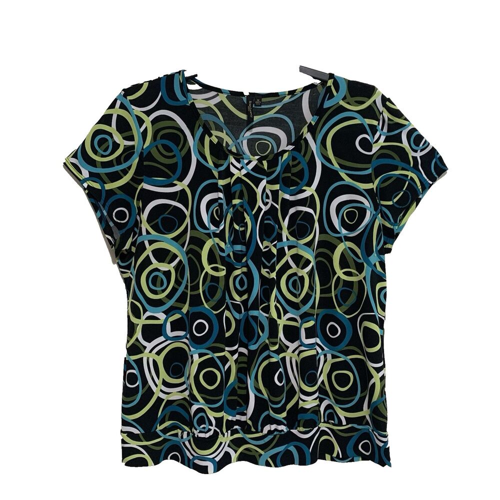 Susan Lawrence Top Womens Size 1X Multicolor Short Sleeve Scoop Pleated Neckline